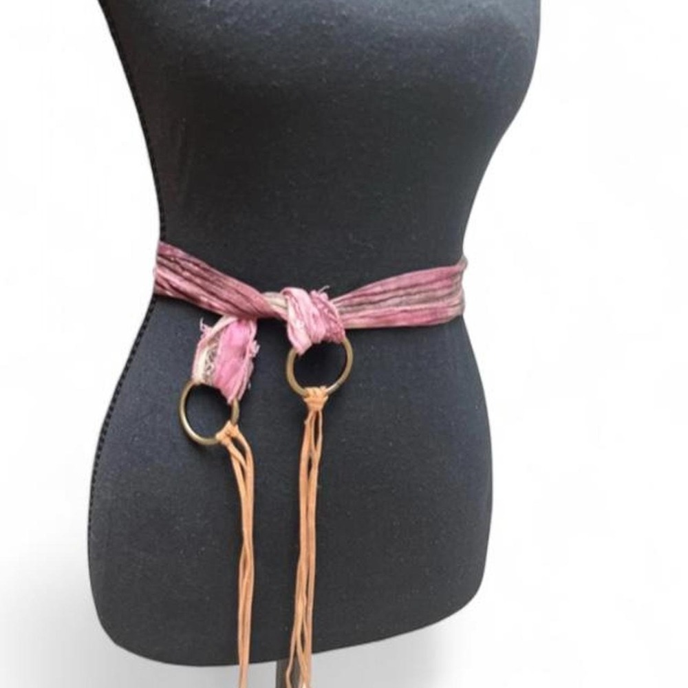 Vintage Boho Silk Fabric Tie Dye O-Ring Belt Pink Purple Leather Fringe Tassel